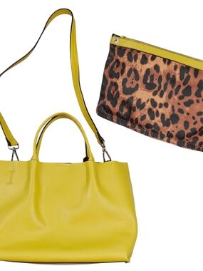 Co-Lab Yellow Shoulder Leather Medium Tote Bag Purse w Leopard Print Pouch Set